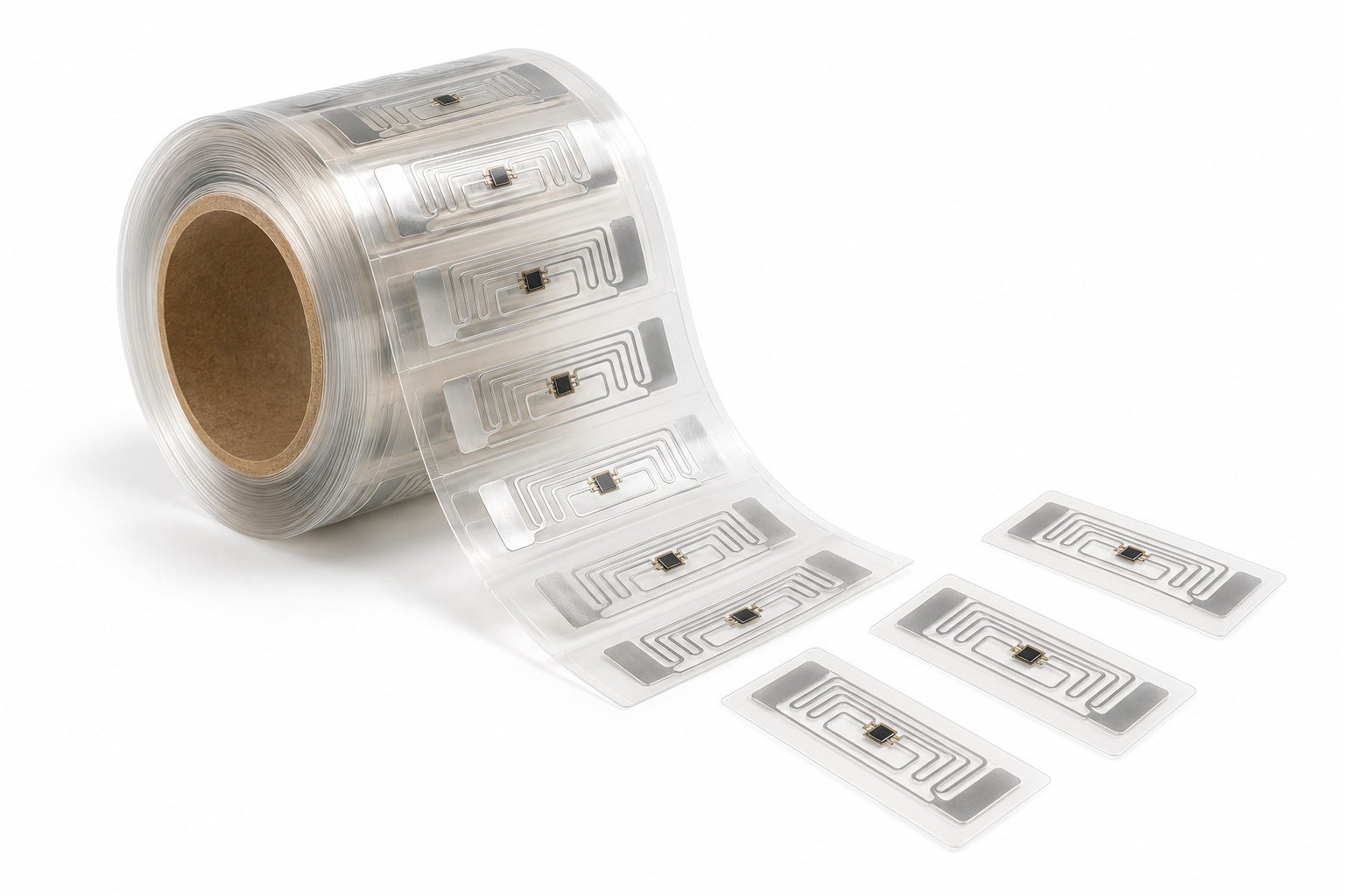 Illustrative RFID inlay roll showing chips and antenna patterns